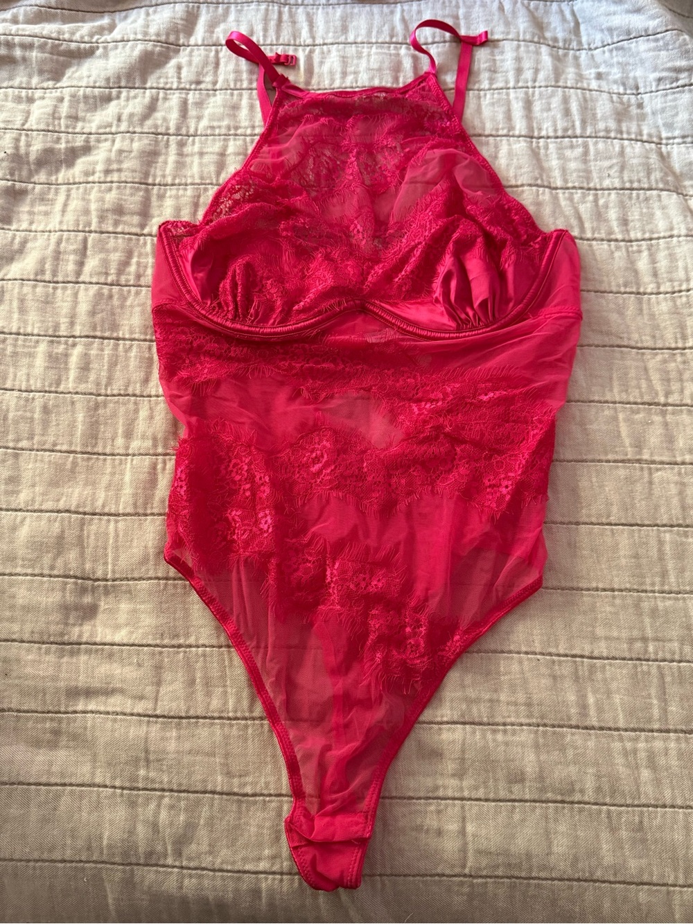 Sheer Lace High-Neck Teddy Bodysuit — Hot Pink